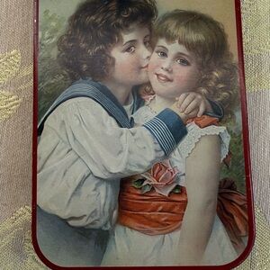 Vintage Romantic Children Tin Box with Red Trim